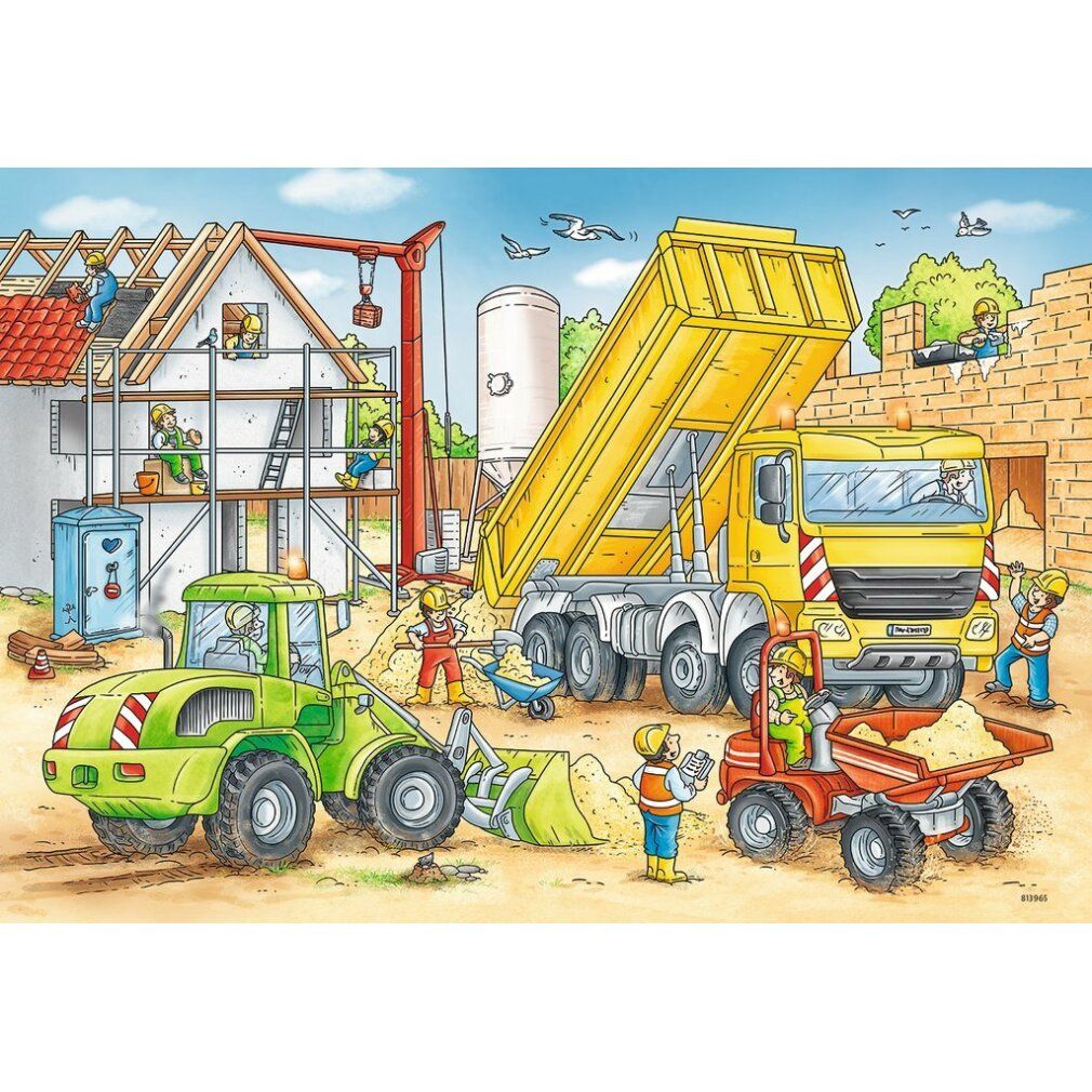 Puzzle con motivo cantiere. Escavatori, camion, operai ed edifici. Puzzle per bambini con molti dettagli. Per bambini dai 4 anni.