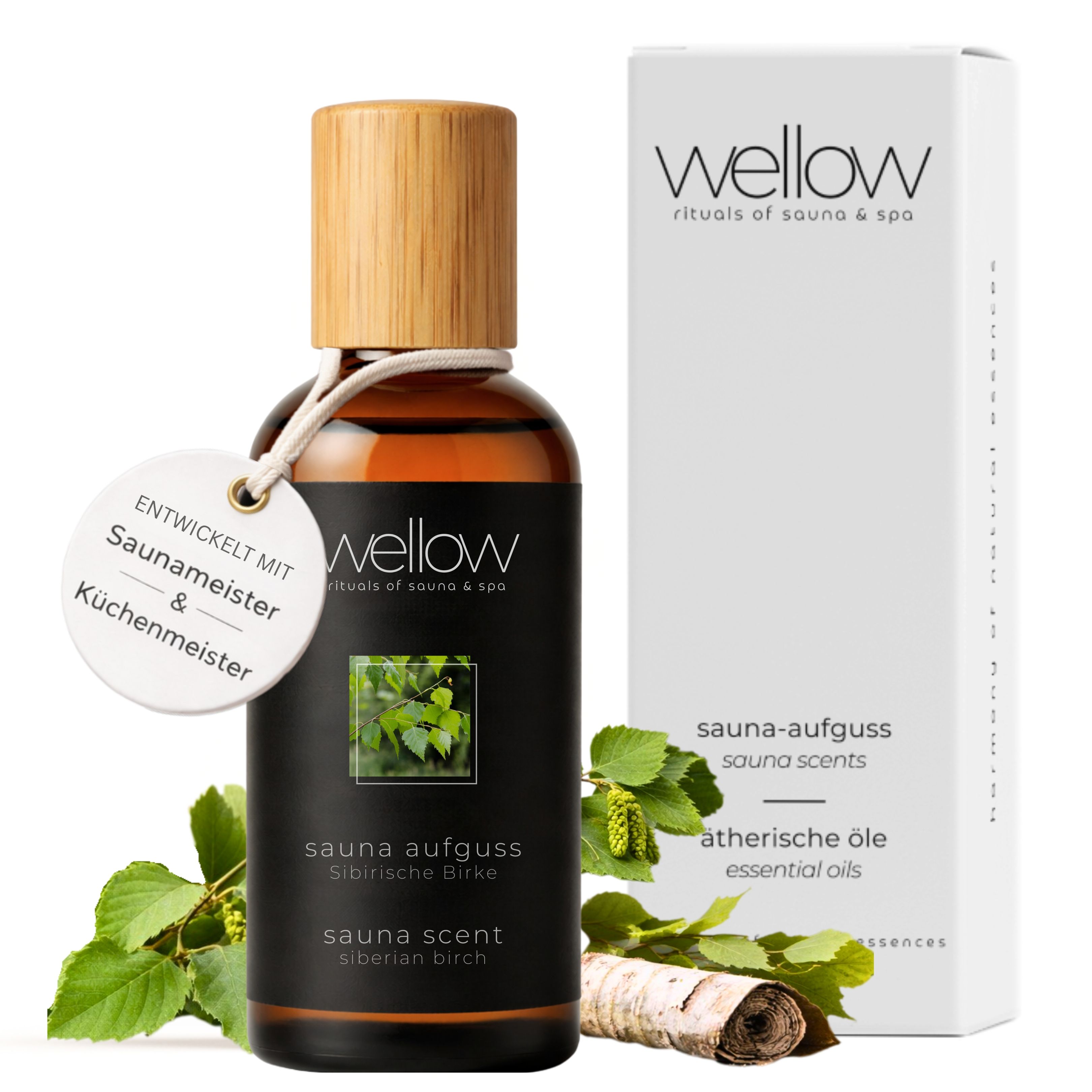 Bottiglia di vetro marrone con tappo in legno, etichetta. Confezione bianca con logo. Rametto e corteccia di betulla.