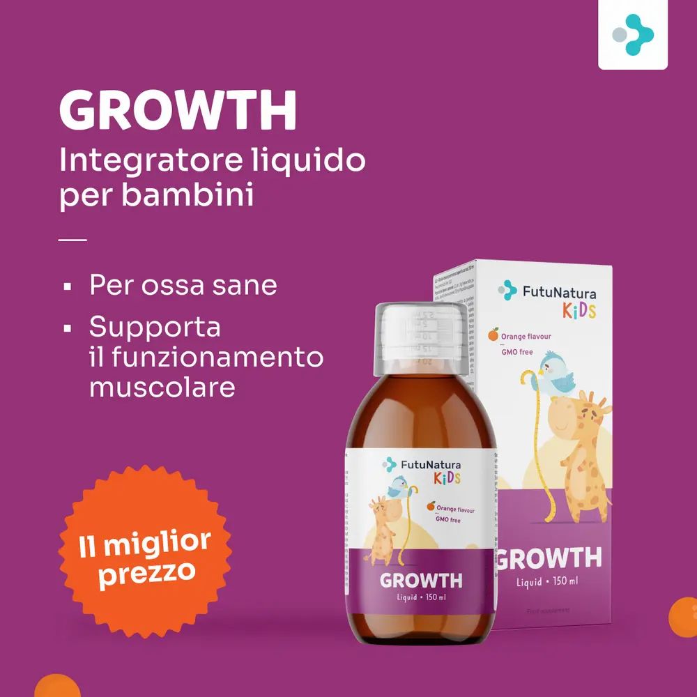 Documento di testo con informazioni su FutuNatura Growth Groeisirup. Ingredienti, dosaggio, valori nutrizionali e avvertenze.
