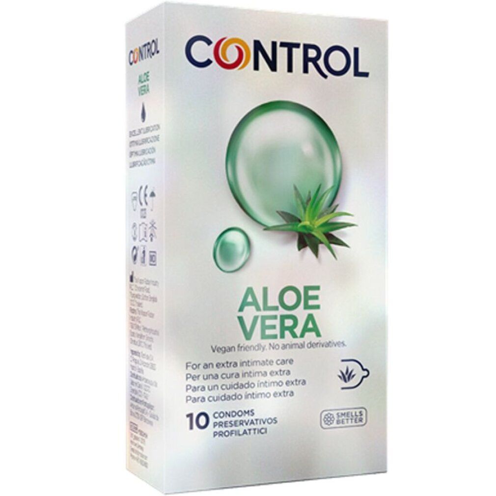 Scatola di preservativi Control Aloe Vera. Contiene 10 pezzi. Scritta: Vegan.