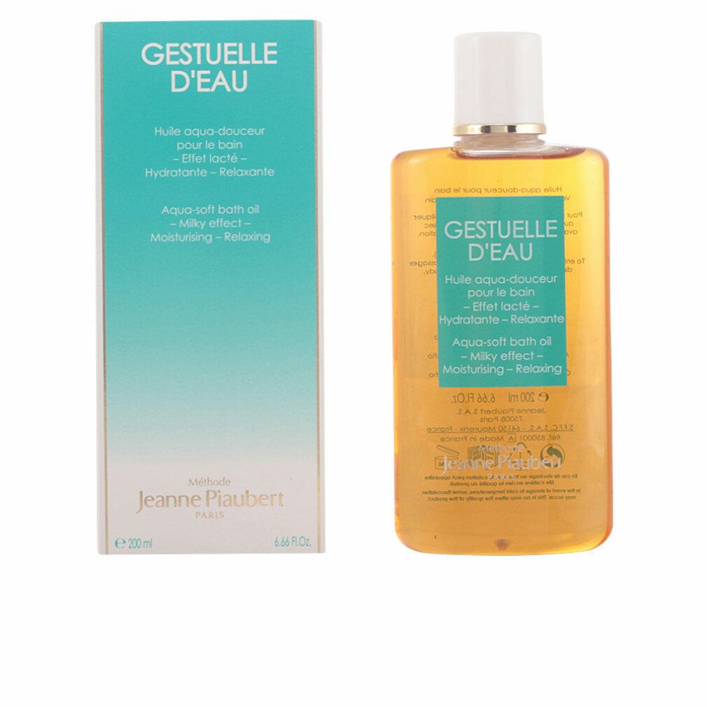Flacone e scatola Gestuelle d'Eau. Olio aqua-soft per il bagno. Effetto latteo, idratante, rilassante. Marchio Jeanne Piaubert.