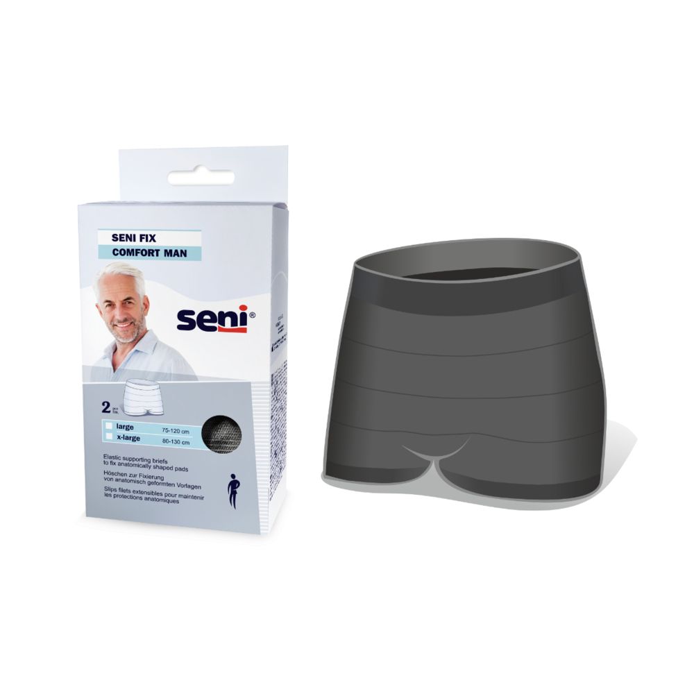 Slip Seni Fix Comfort Man XL grigio. Sulla confezione: logo Seni, nome del prodotto, immagine di un uomo e indicazioni delle taglie.