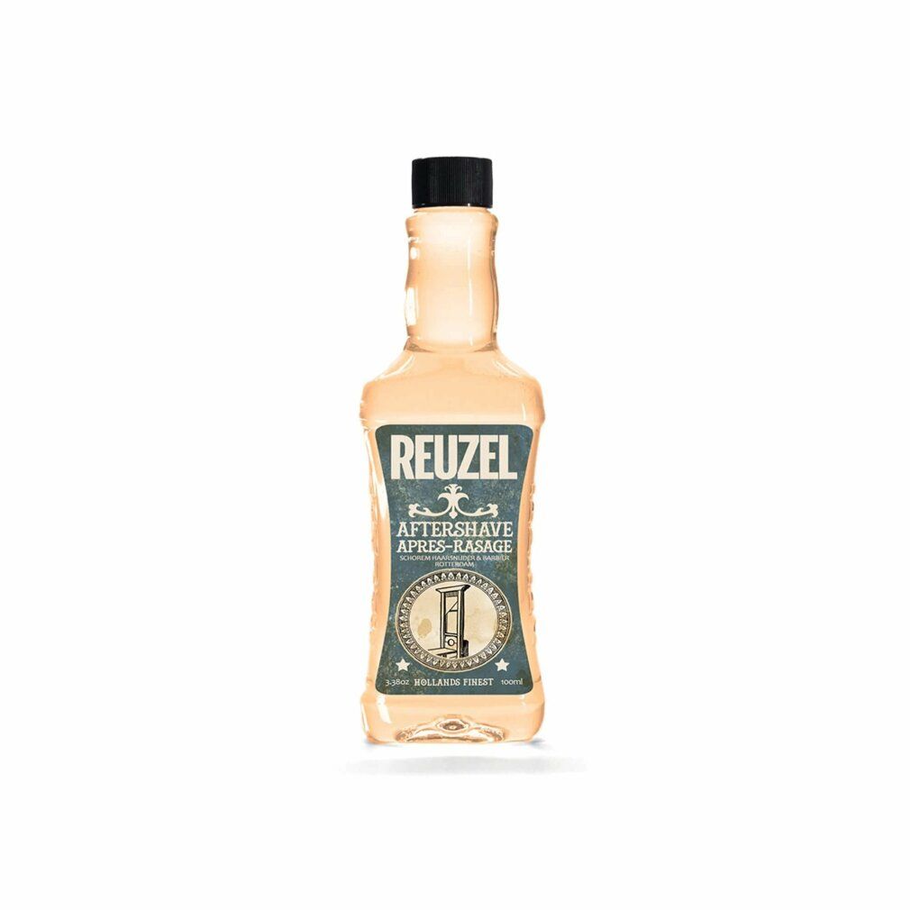 Flacone Reuzel Dopobarba con tappo nero. Liquido arancione chiaro.