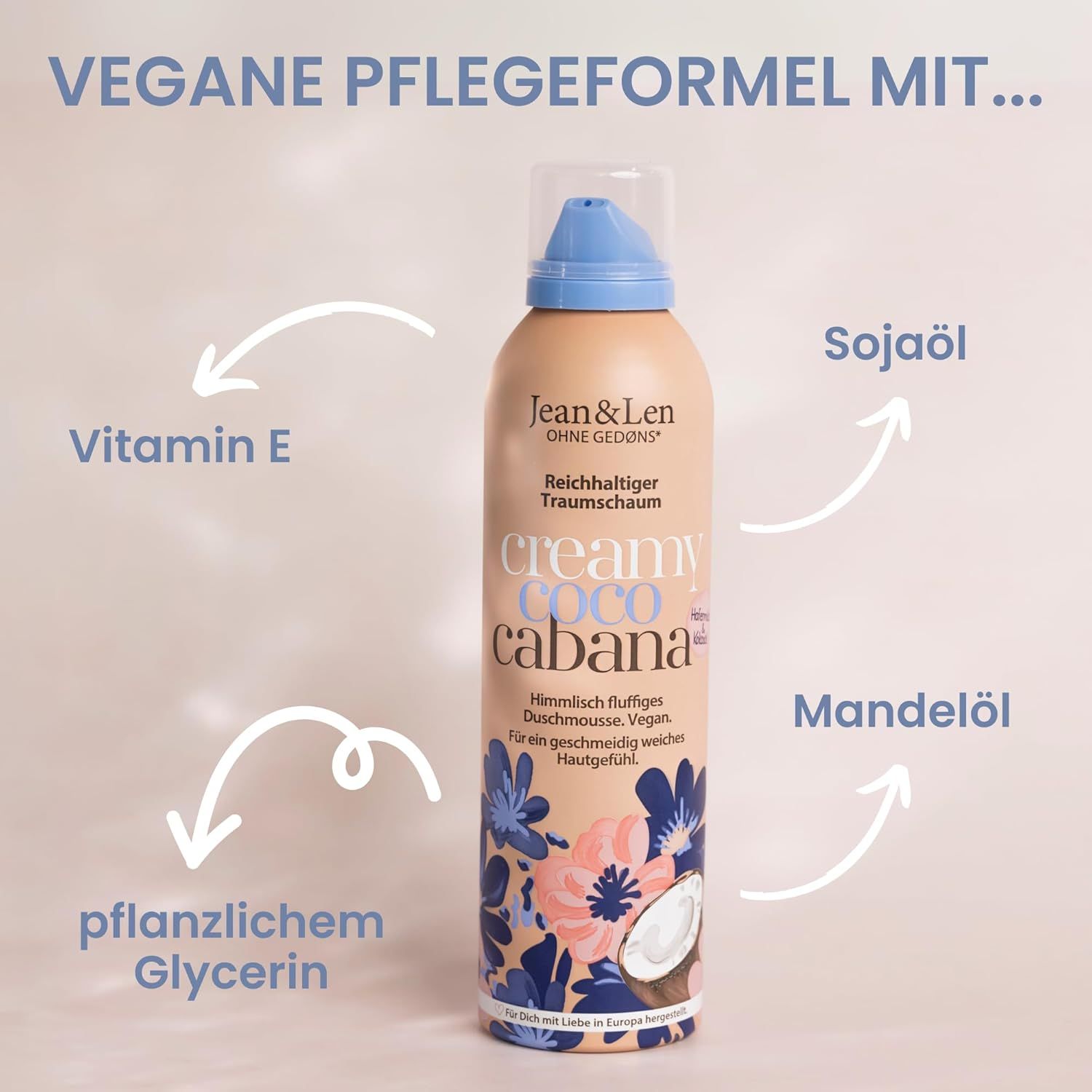 Flacone beige con erogatore blu. Testo: Formula vegana per la cura con... Vitamina E, olio di soia, glicerina vegetale, olio di mandorle.
