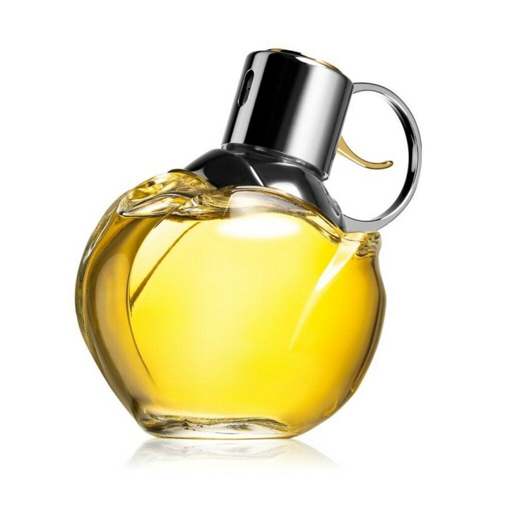 Flacone di profumo con tappo argentato e liquido giallo. Forma sferica.
