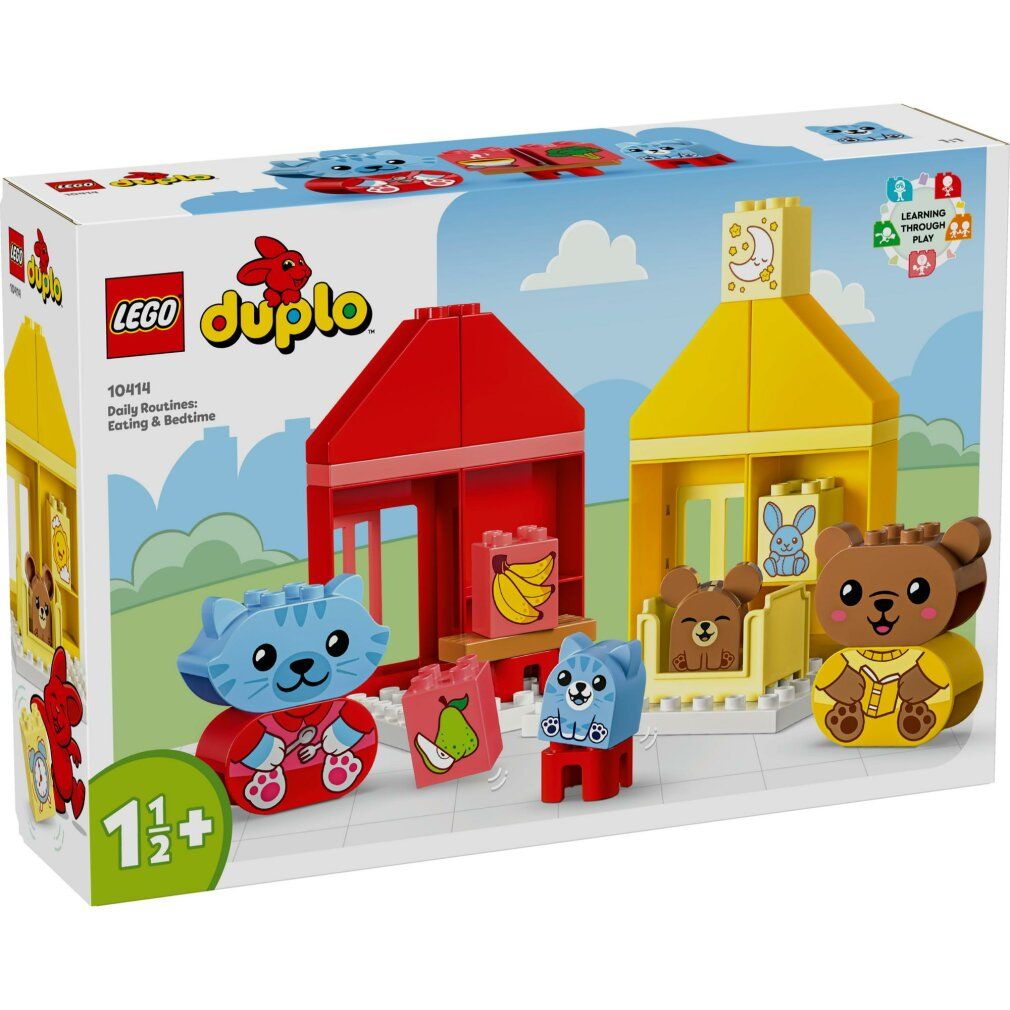 Set LEGO DUPLO con edifici rossi e gialli, personaggi e accessori. Confezione con nome del prodotto e raccomandazione di età.