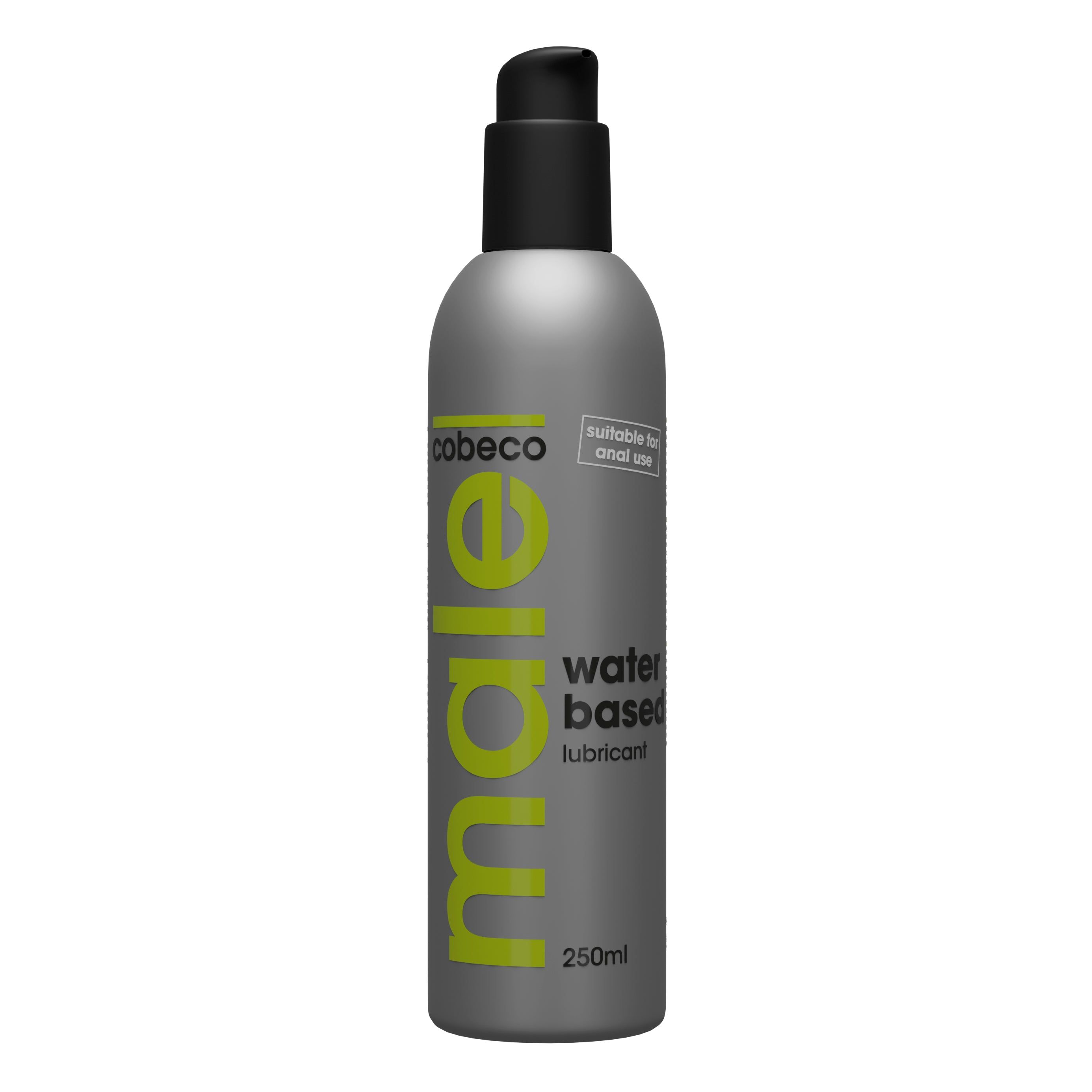 Flacone grigio con dosatore nero. Scritta 'male' e 'water based lubricant'. Testo 'suitable for anal use' e '250ml'.