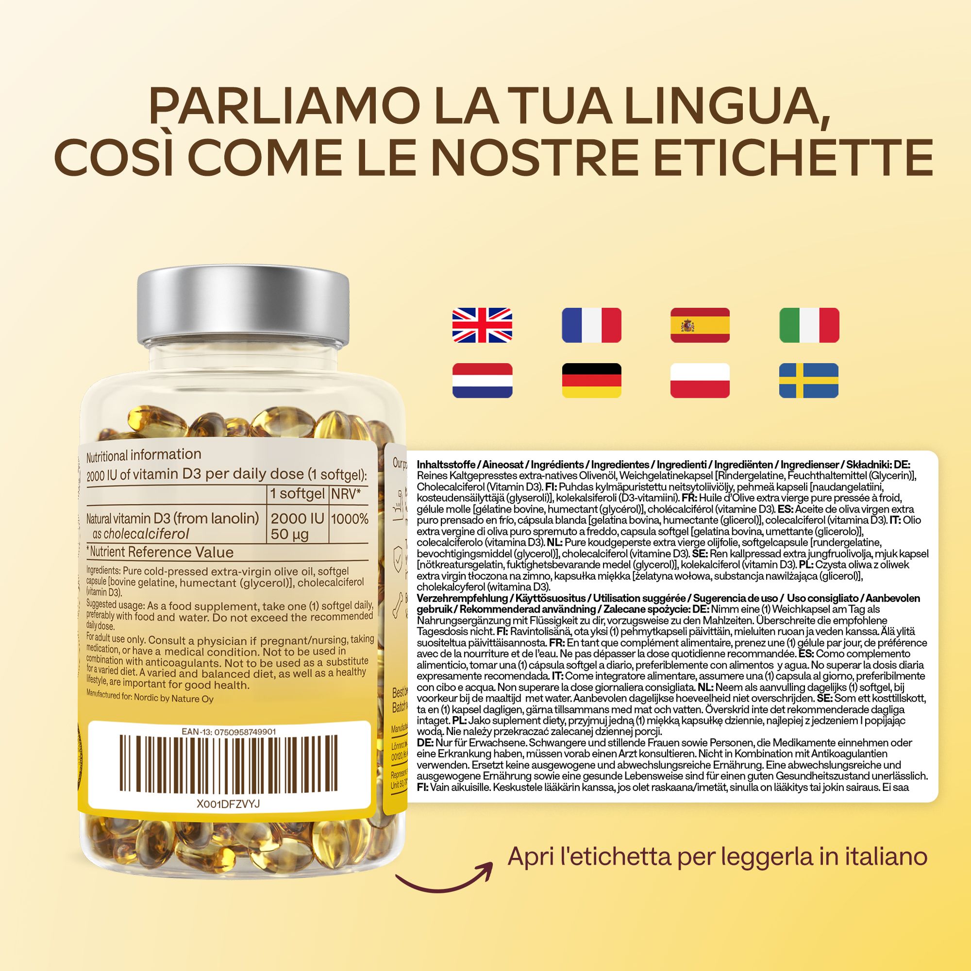 Flacone Aavalabs Vitamina D3 con panoramica delle etichette multilingue.
