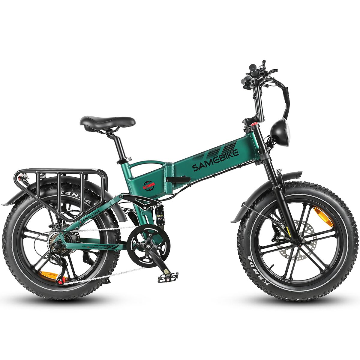 Bicicletta elettrica da montagna SAMEBIKE RS-A02 verde. Pneumatici neri, portapacchi, parafanghi. Batteria sul telaio. Pneumatici Kenda.