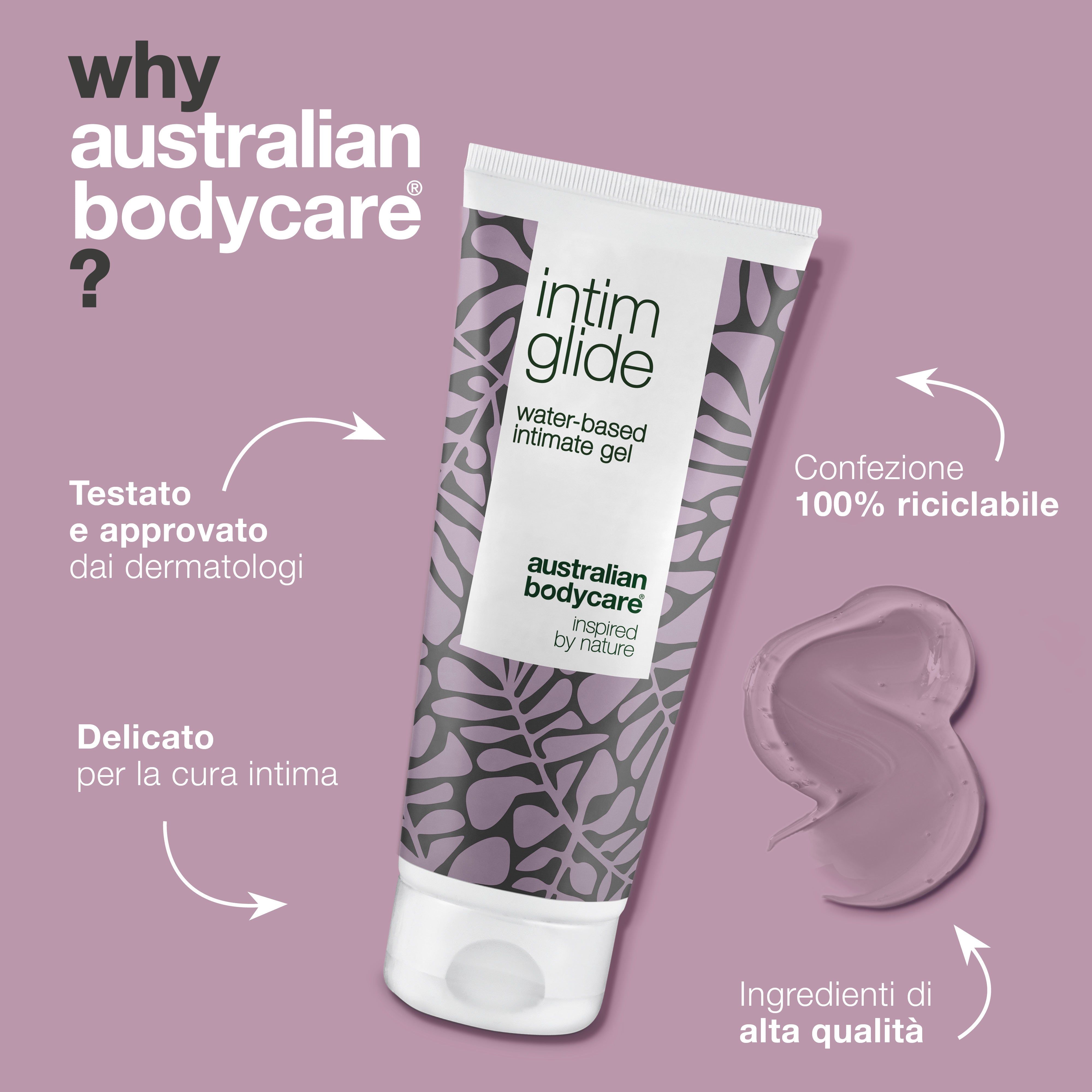 Grafica: Perché Australian Bodycare? Tubo di gel intimo. Testo a base d'acqua.