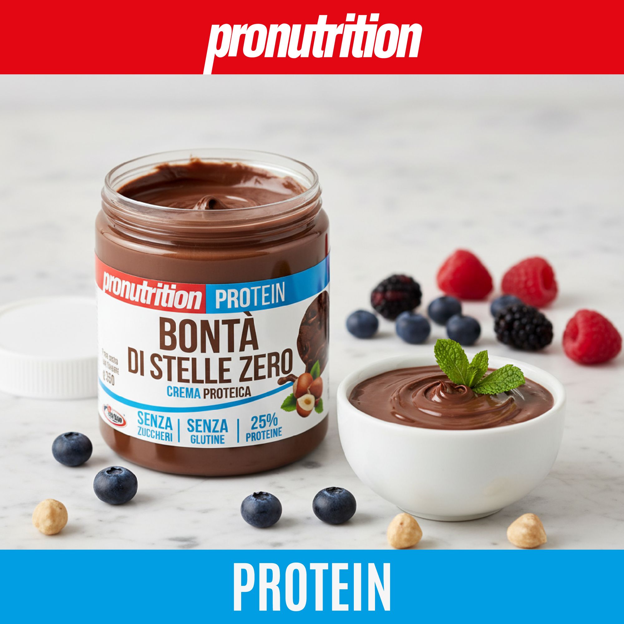 Barattolo di crema proteica, Bontà di Stelle Zero. Scritta: Senza zuccheri, senza glutine, 25% proteine. Con frutti di bosco e noci.