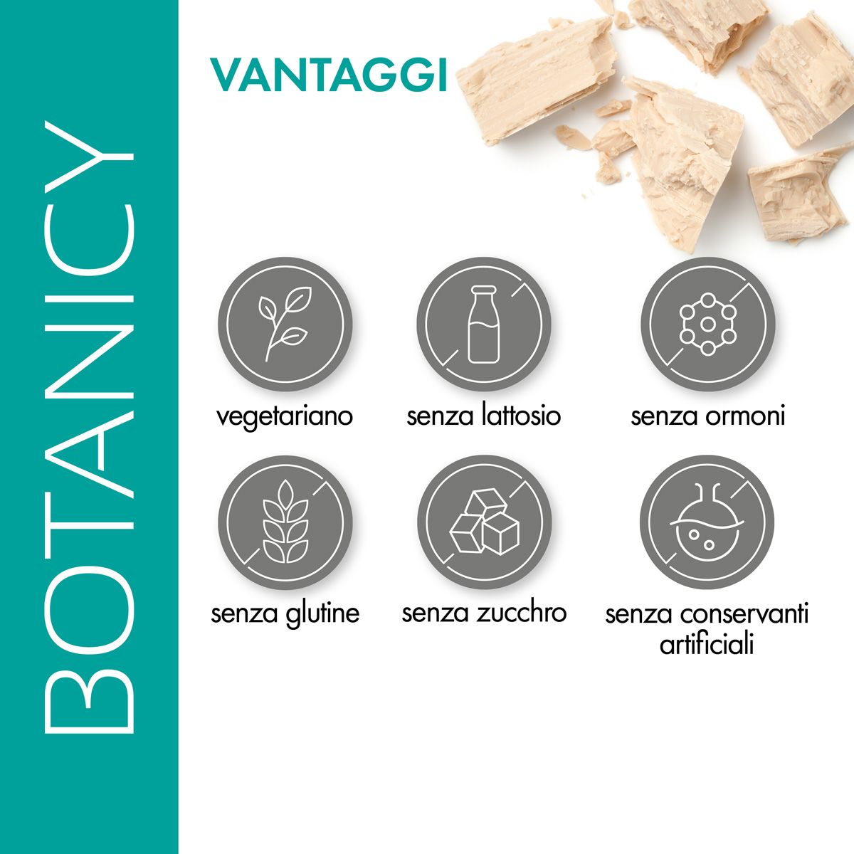 Vantaggi di Botanicy Complesso CANDIDA. Simboli: vegetariano, senza lattosio, senza ormoni, senza glutine, senza zucchero, senza conservanti artificiali.
