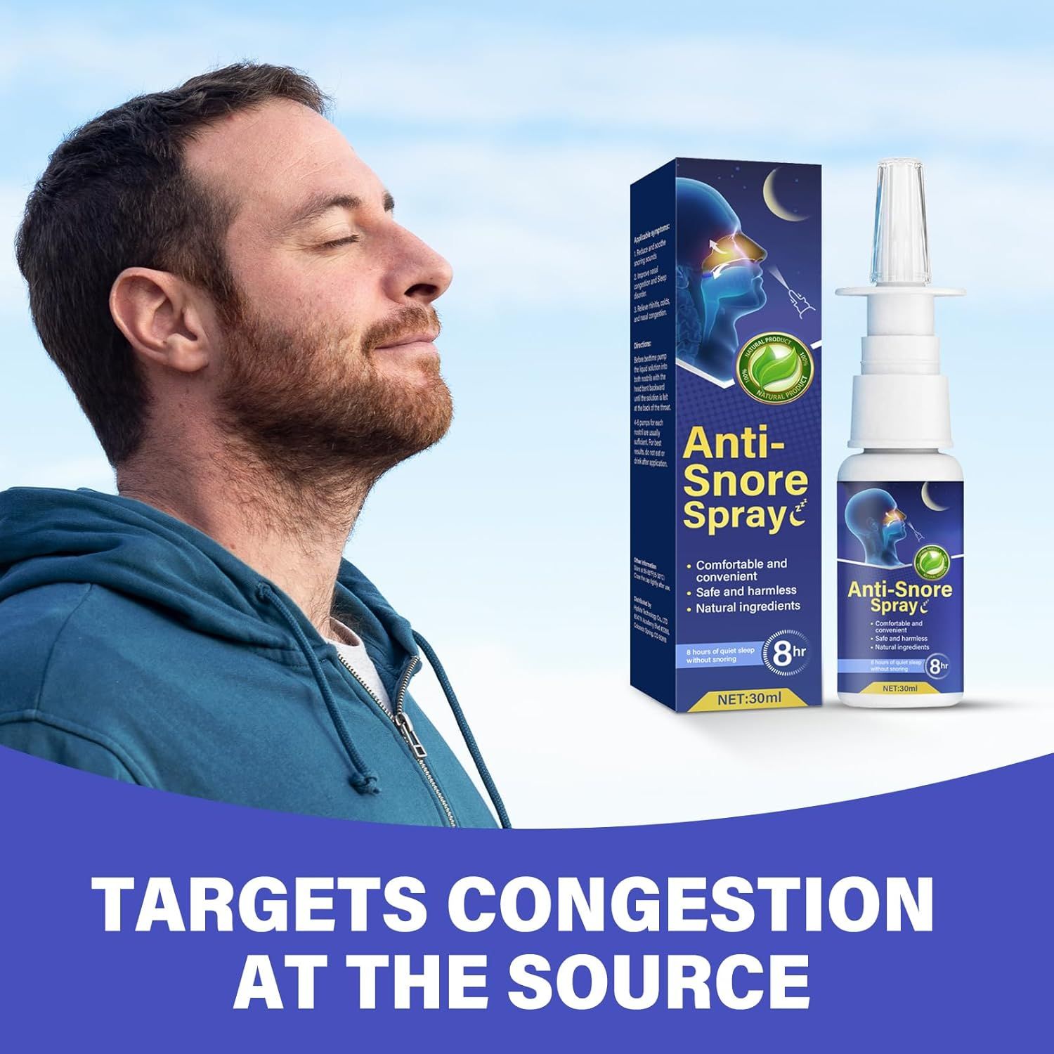 Uomo che respira, spray nasale e confezione. Scritta: Anti-Snore Spray. Sfondo: cielo blu.
