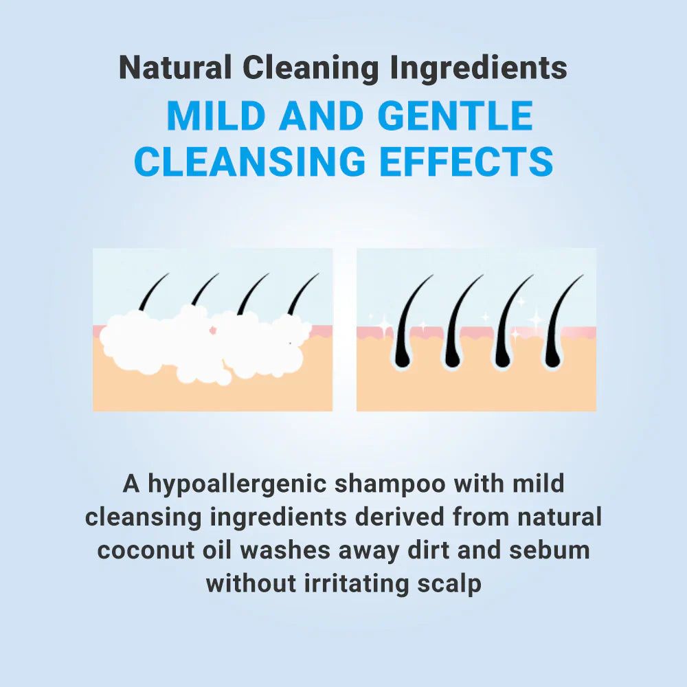 Grafico con due simboli di capelli. Testo: Ingredienti detergenti naturali, effetti detergenti delicati e delicati. Shampoo ipoallergenico.