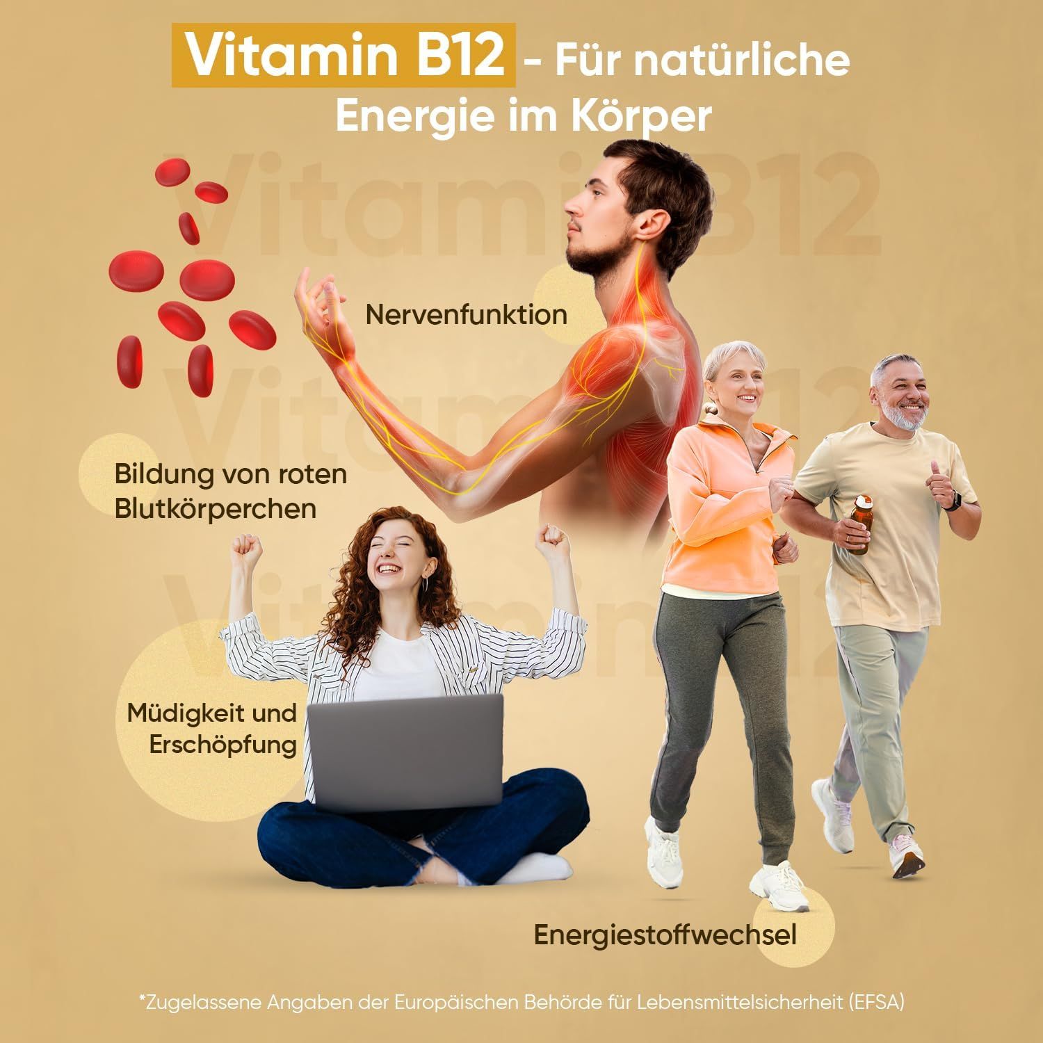 Illustrazione con persone. Testo: Vitamina B12 per l'energia naturale. Temi: funzione nervosa, globuli rossi, affaticamento, metabolismo energetico.