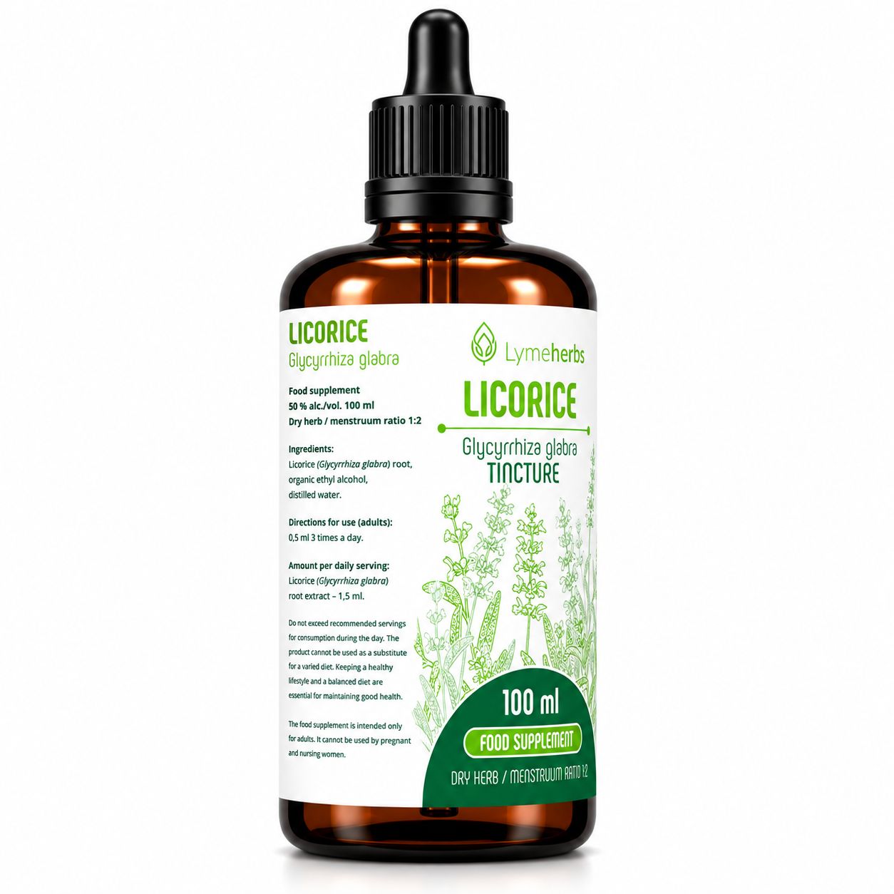 Flacone di tintura di liquirizia, 100 ml, con tappo contagocce ed etichetta dettagliata.
