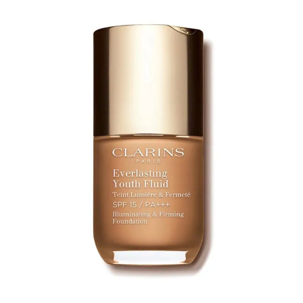 Flacone Clarins Everlasting Youth Fluid, tappo dorato. Testo sul flacone.