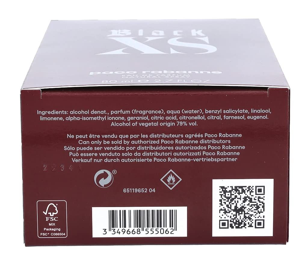 Paco Rabanne Black XS For Her Eau de Parfum Spray. Confezione. Parte inferiore della scatola. Testo, codice a barre, QR code.