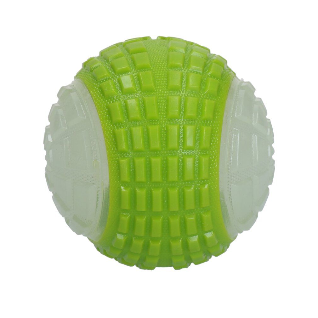 Palla verde luminosa per cani. Superficie strutturata. Centro trasparente a forma sferica.