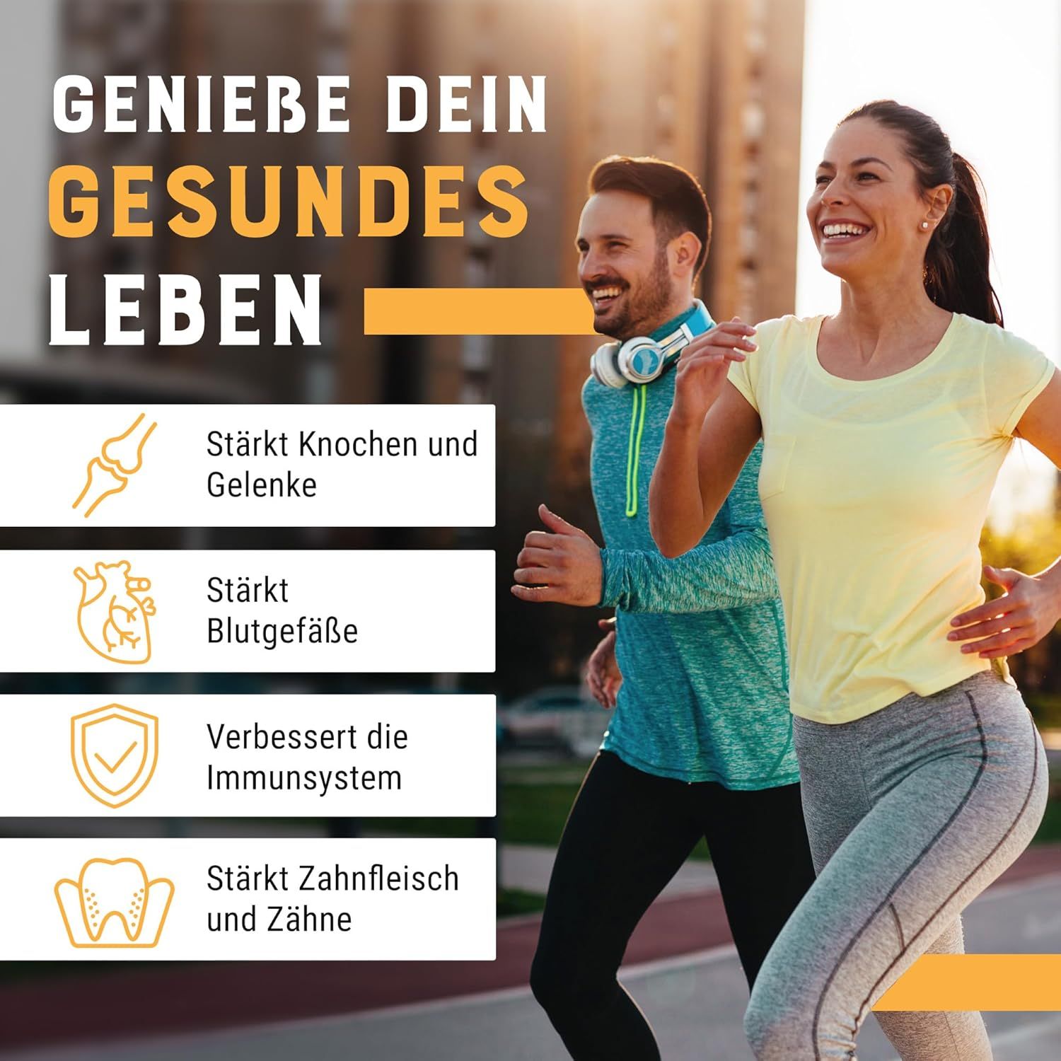 Uomo e donna fanno jogging. Testo: Rinforza ossa e articolazioni, vasi sanguigni, sistema immunitario, gengive e denti.