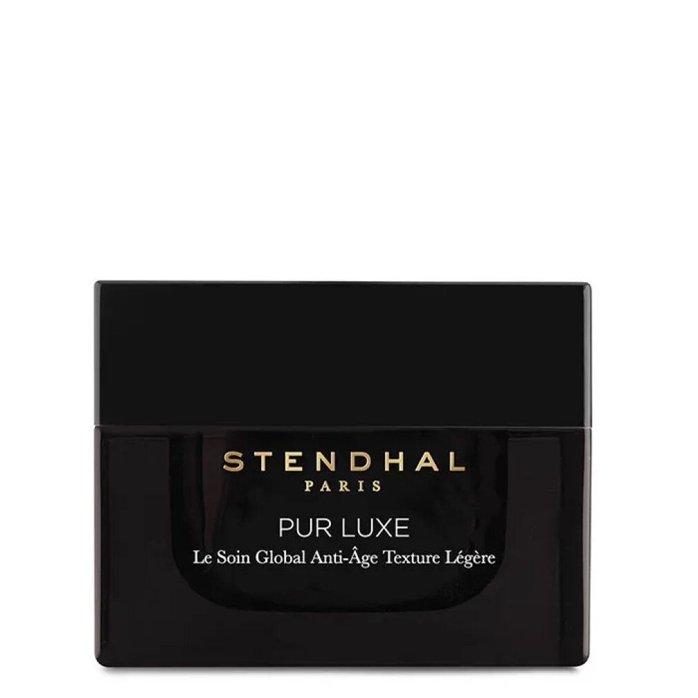 Vaso nero con scritta dorata: Stendhal Paris, Pur Luxe, Le Soin Global Anti-Âge Texture Légère. Coperchio.