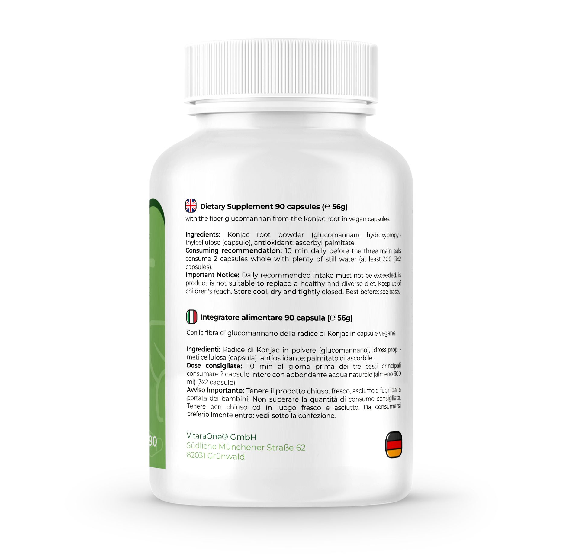 Retro del flacone bianco. Testo: Integratore alimentare. 90 capsule. Ingredienti, raccomandazioni per l'uso. Sigillo vegano. Codice a barre e numero di lotto.