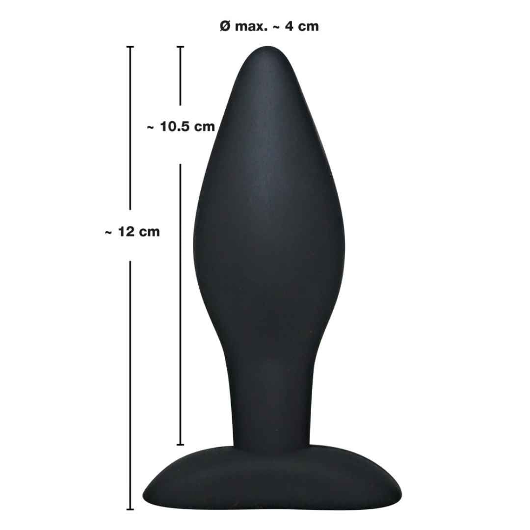 Plug anale nero, punta stretta. Dimensioni: circa 12 cm di lunghezza, Ø max. 4 cm. In silicone.