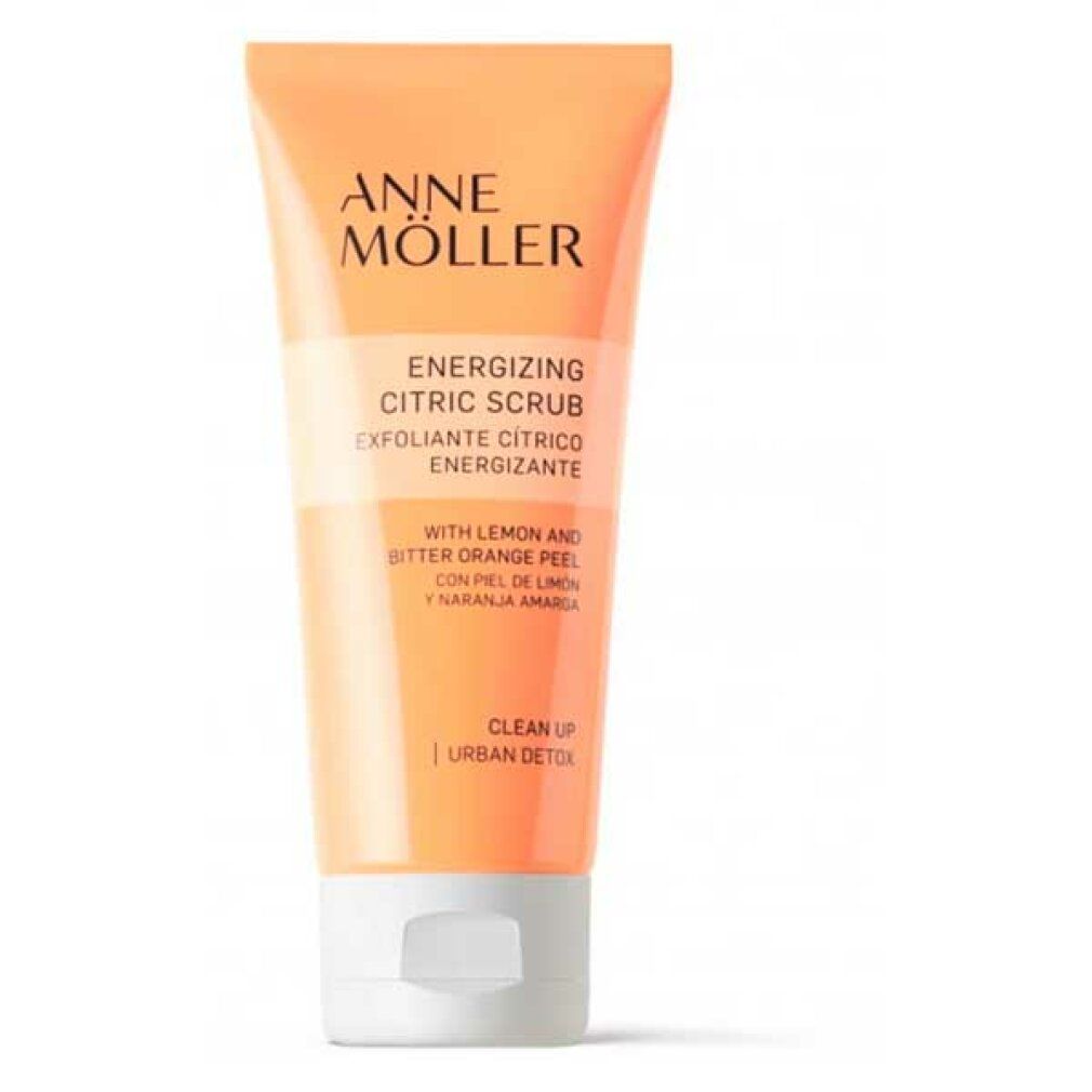 Tubo arancione con tappo bianco. Scritta: Anne Möller, Energizing Citric Scrub. Contiene scorza di limone e arancia amara.
