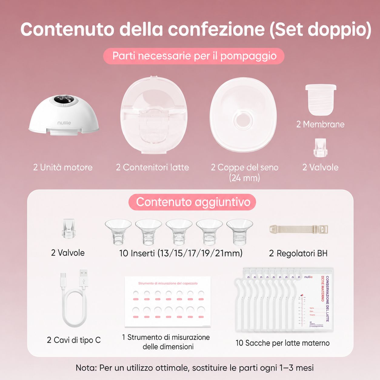 Contenuto della confezione set doppio: 2 unità motore, 2 contenitori latte, 2 coppe seno, 2 membrane, 2 valvole, accessori.