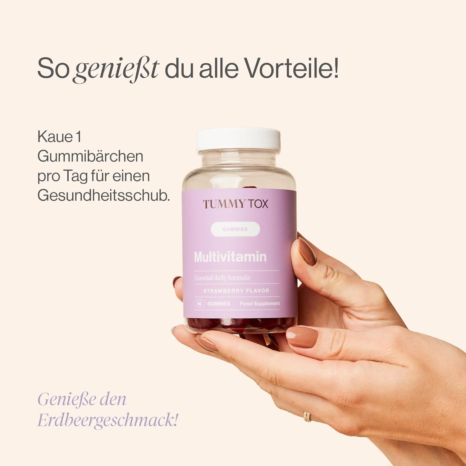 Mani che tengono una bottiglia di caramelle gommose multivitaminiche. Testo: Tummy Tox, Gusto fragola, 60 caramelle gommose, Integratore alimentare.