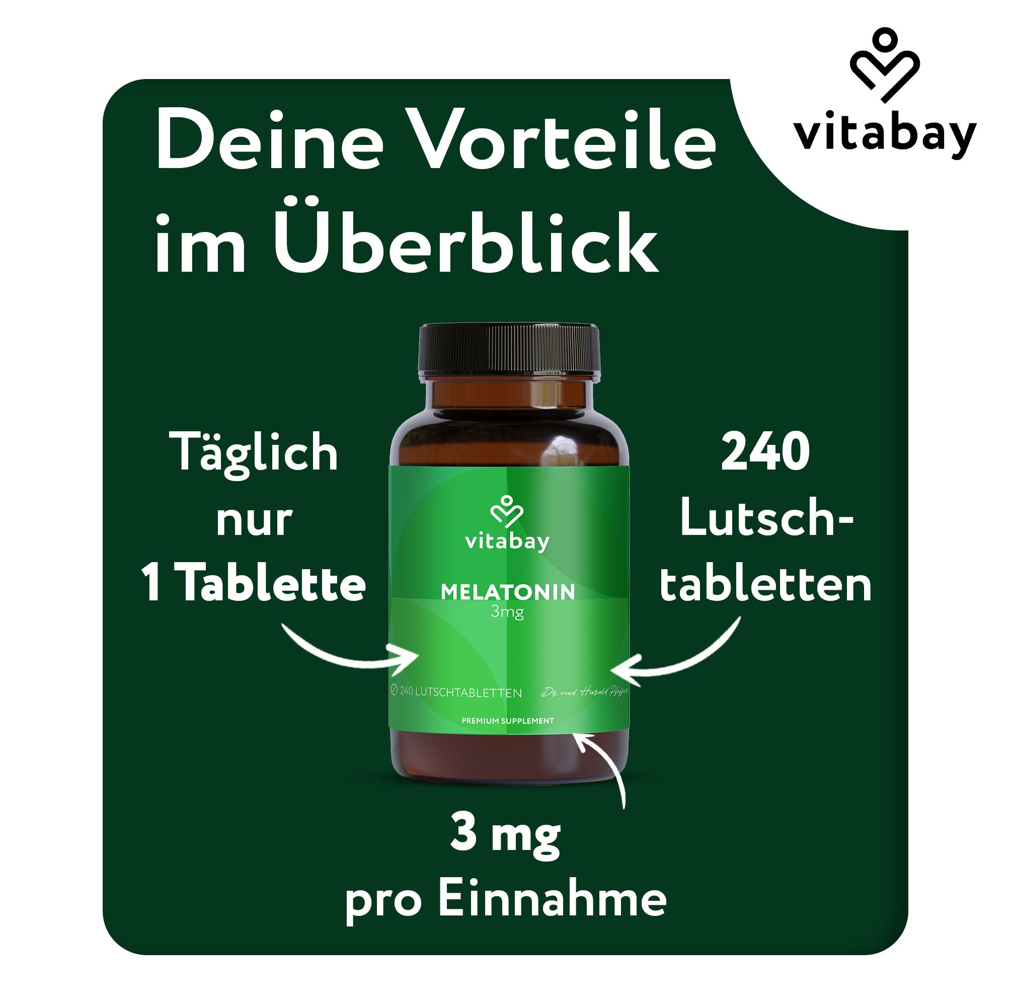 Flacone di vetro marrone con scritta verde: Vitabay Melatonin 3mg, 240 compresse masticabili. Testo: Solo 1 compressa al giorno. Logo Vitabay.