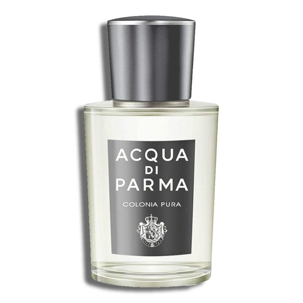 Flacone in vetro con tappo argentato. Etichetta con scritta: ACQUA DI PARMA, COLONIA PURA. Contenuto trasparente.