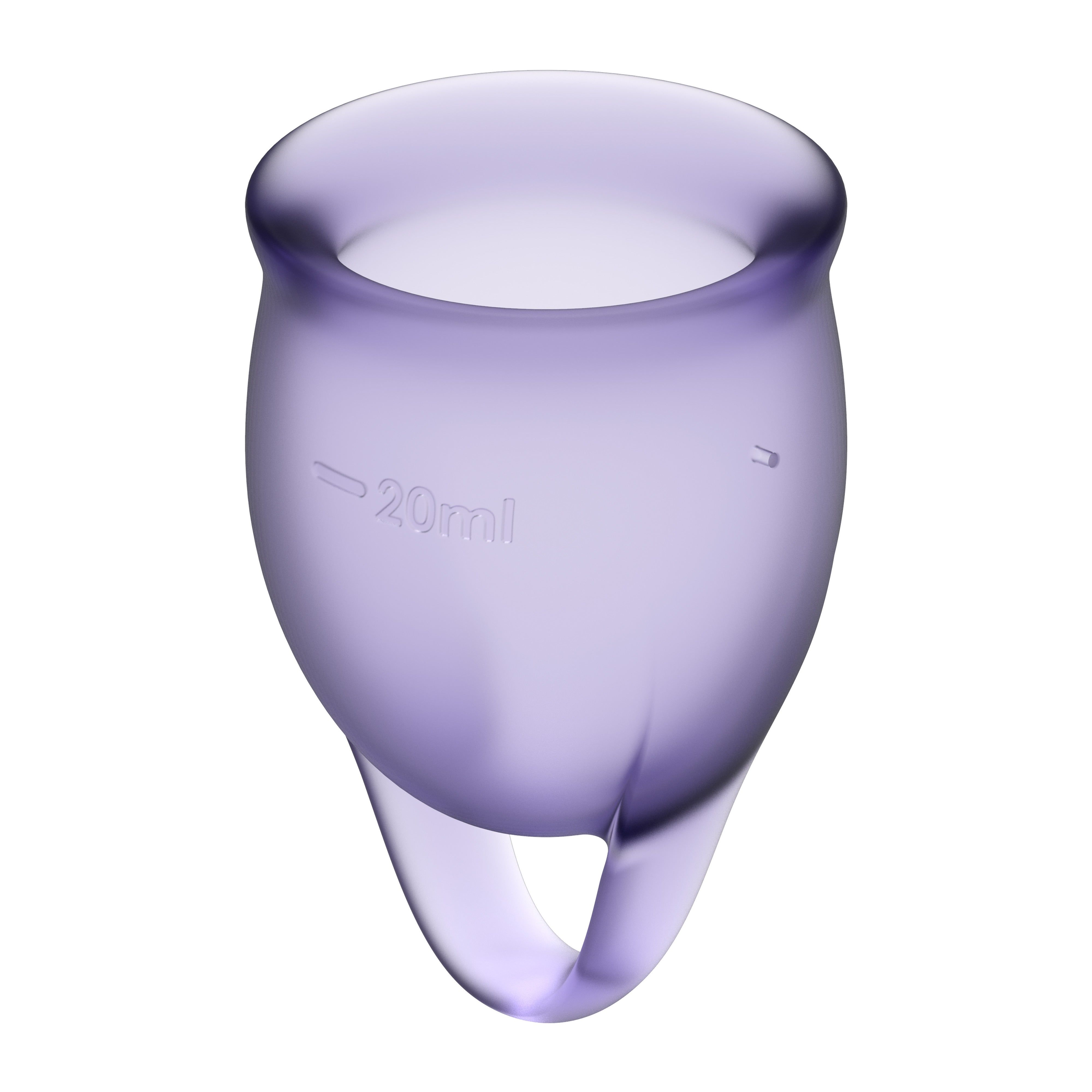 Coppetta mestruale viola con indicazione 20ml. Con anello nella parte inferiore.