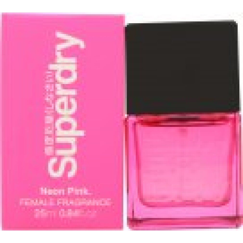 Eau de Cologne rosa neon con tappo nero e confezione rosa. Scritta: Superdry, Neon Pink, FEMALE FRAGRANCE.
