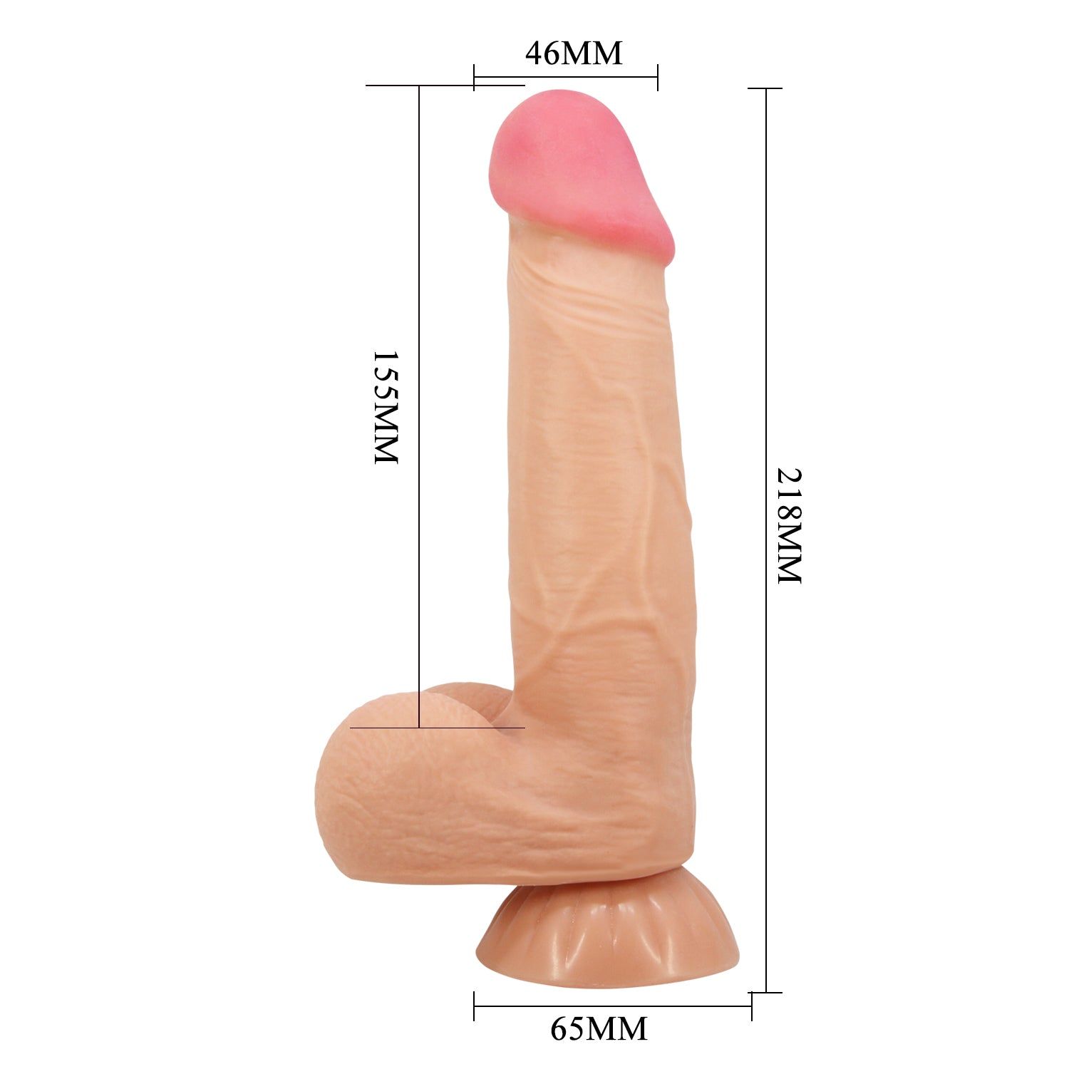 Dildo beige con punta rosa e base. Dimensioni: 218 mm di lunghezza, 46 mm di larghezza, 155 mm di altezza.
