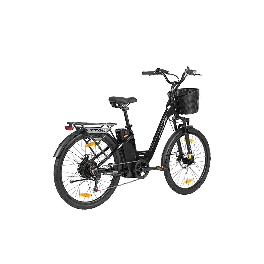 E-bike TTGO C2 PRO nero. Cestino anteriore, portapacchi posteriore. Shimano 7 velocità. Batteria telaio.