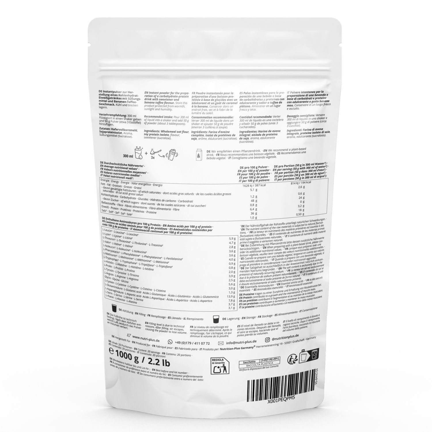 Retro della confezione del prodotto. Contiene informazioni su ingredienti, valori nutrizionali, utilizzo e produttore. 1000 g / 2.2 lb.