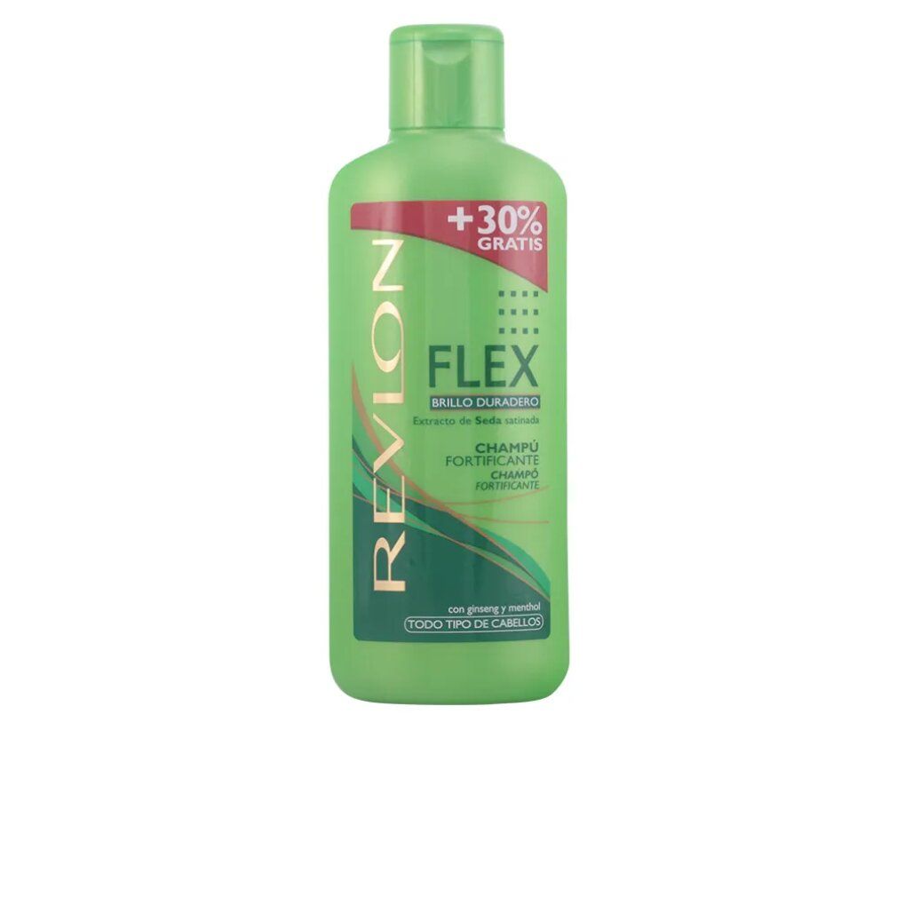 Flacone verde con tappo verde. Scritta: Revlon Flex Brillo Duradero Champú Fortificante. +30% Gratis.