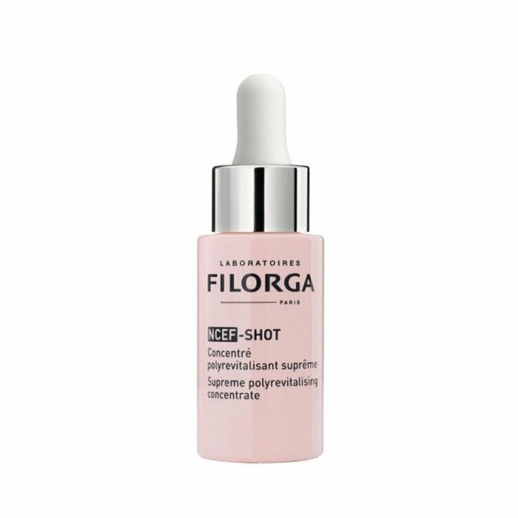 Flacone rosa con tappo argento e applicatore bianco. Scritta: FILORGA NCEF-SHOT.
