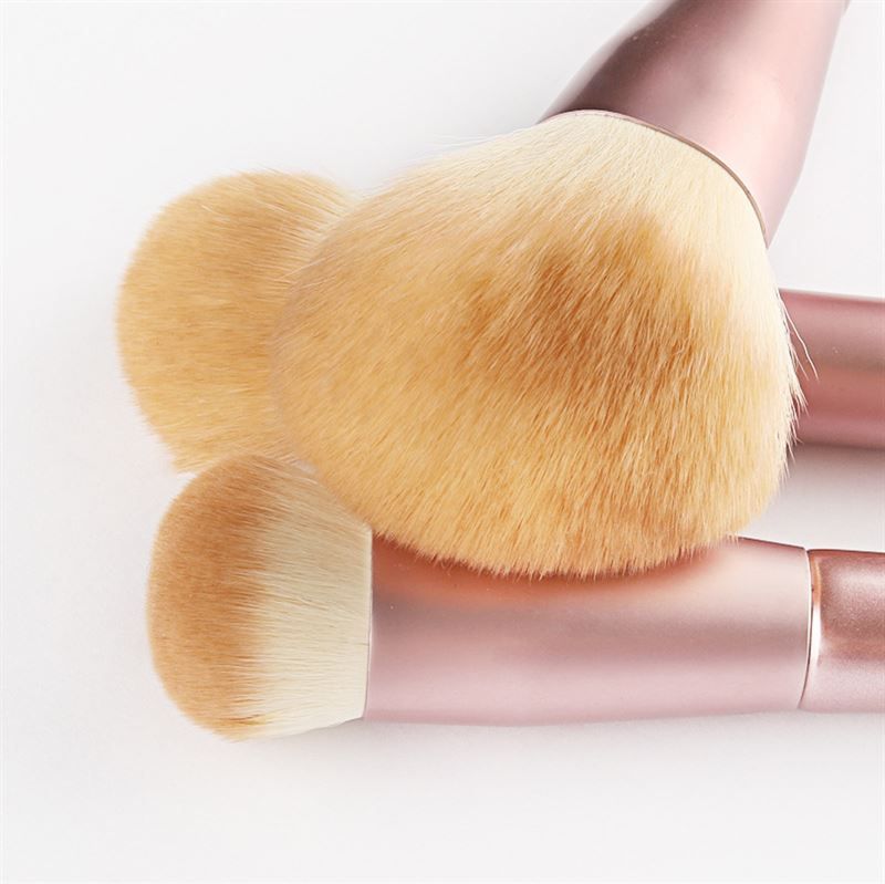 Primo piano di tre pennelli per trucco. Manici rosa, setole chiare. Varie forme. Su sfondo bianco.