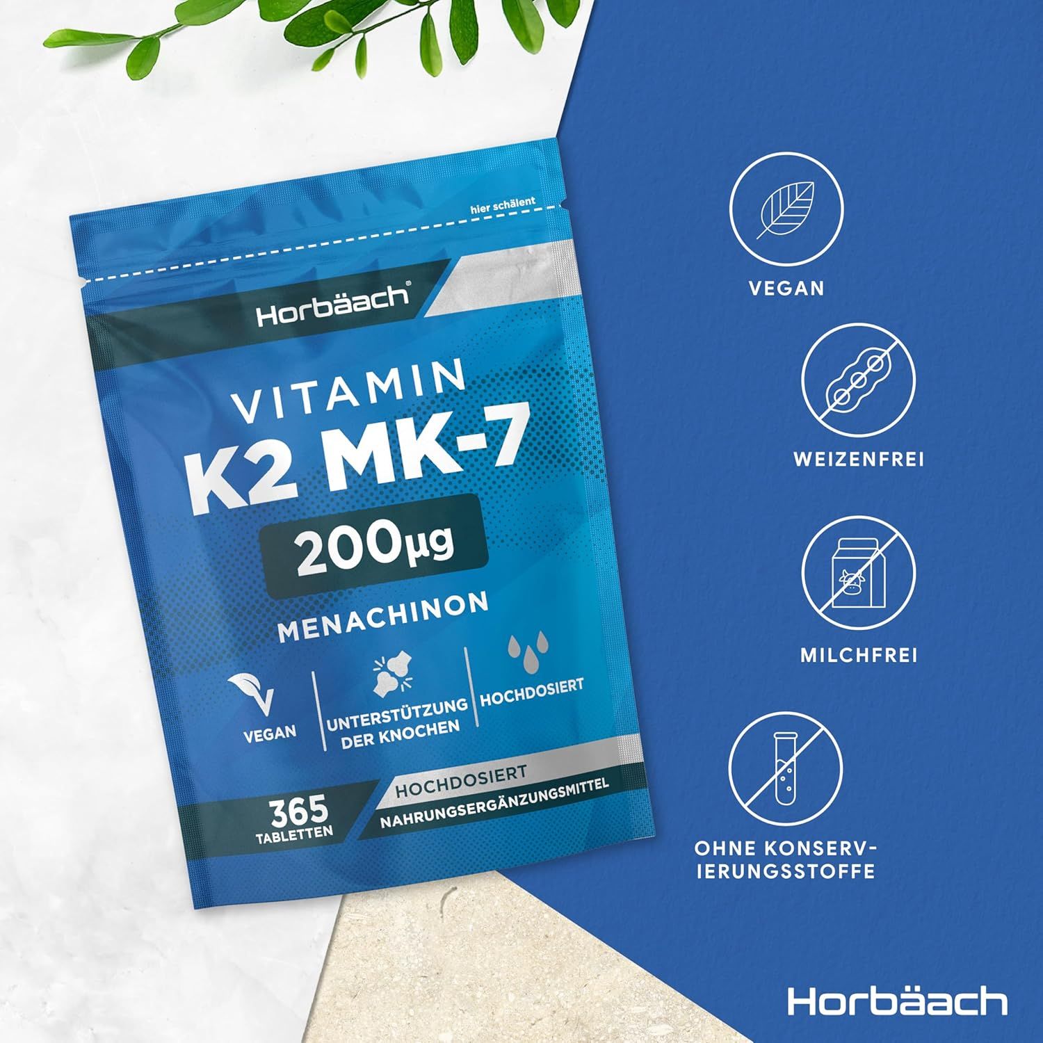 Confezione blu Horbaach Vitamina K2 MK-7, 200µg, 365 compresse. Vegano, senza glutine, senza lattosio, senza conservanti.