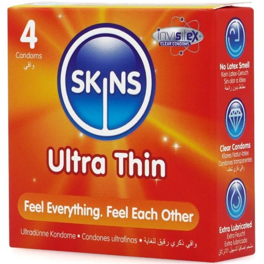 Confezione da 4 preservativi Skins Ultra Thin. Scritta: Feel Everything. Feel Each Other. Informazioni multilingue.