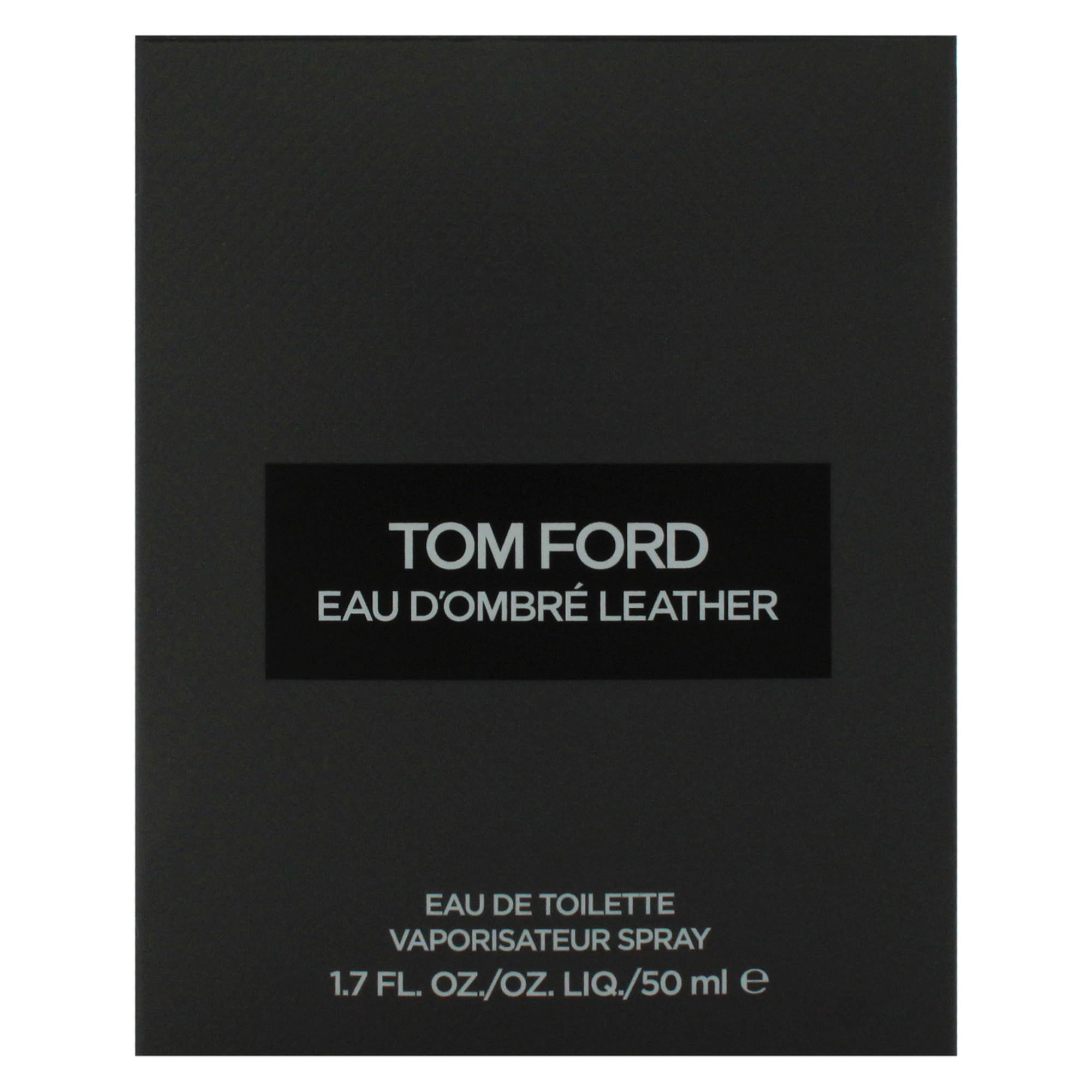 Confezione Tom Ford Eau D'Ombré Leather. Confezione nera con testo bianco. Eau de Toilette, 1.7 fl. oz./50 ml.