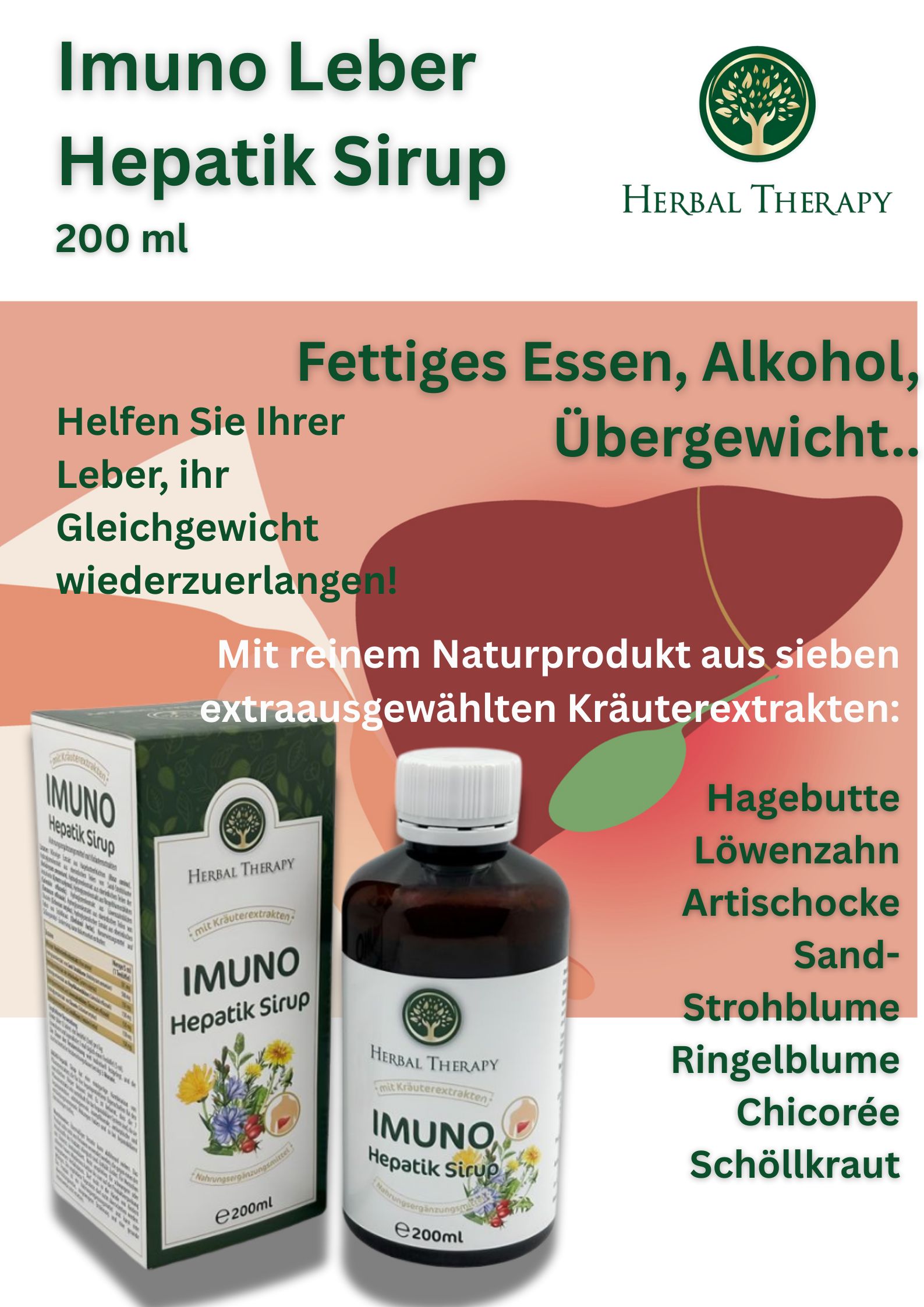 Prodotto con bottiglia e scatola. Scritta: IMUNO Hepatik Sirup. 200 ml. Herbal Therapy. Con erbe.