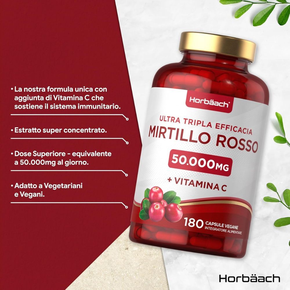 Informazioni sul prodotto. Mirtillo Rosso 50.000mg + Vitamina C. 180 capsule. Vegan. Ingredienti.