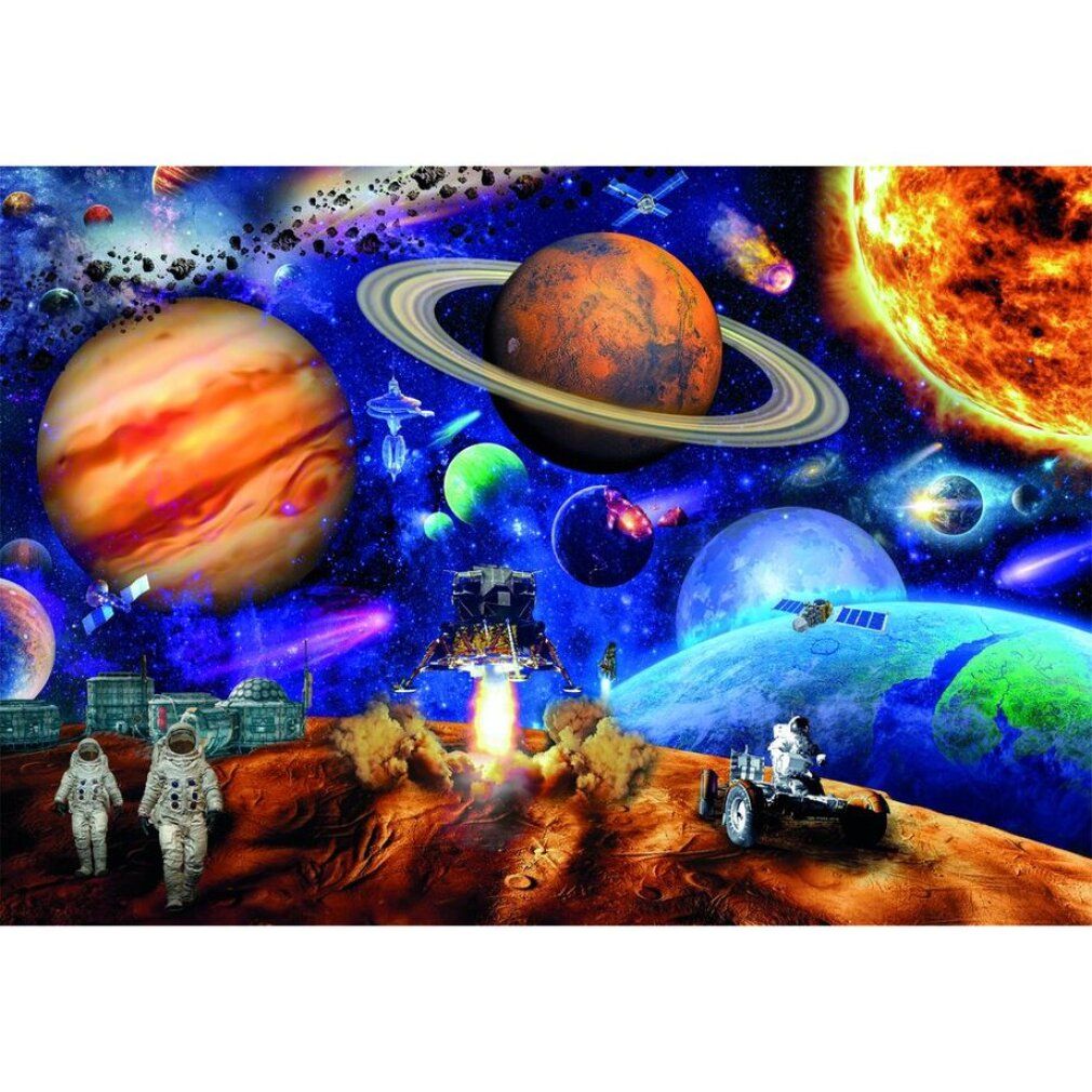 Puzzle con tema spaziale. Astronauti su un pianeta, navicelle spaziali, pianeti e stelle sullo sfondo. Clementoni.