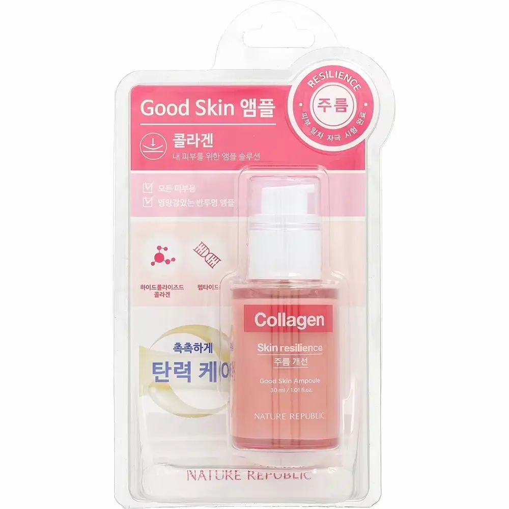 Prodotto in confezione blister. Flacone rosa con tappo a pompa bianco. Scritta "Collagen Skin resilience" e "NATURE REPUBLIC".