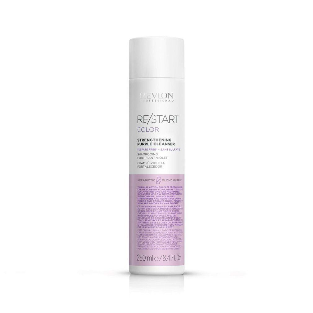 Flacone Revlon Re-Start Color Strengthening Purple Cleanser. Etichetta bianca con testo e logo viola.
