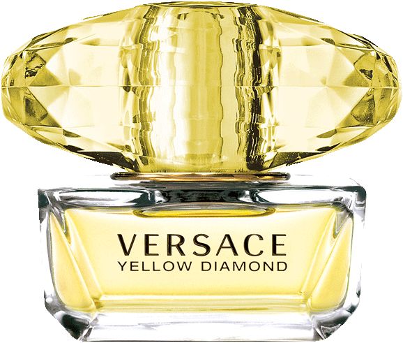 Versace Yellow Diamond Eau de Toilette. Flacone giallo con tappo a diamante. Nome del prodotto visibile.