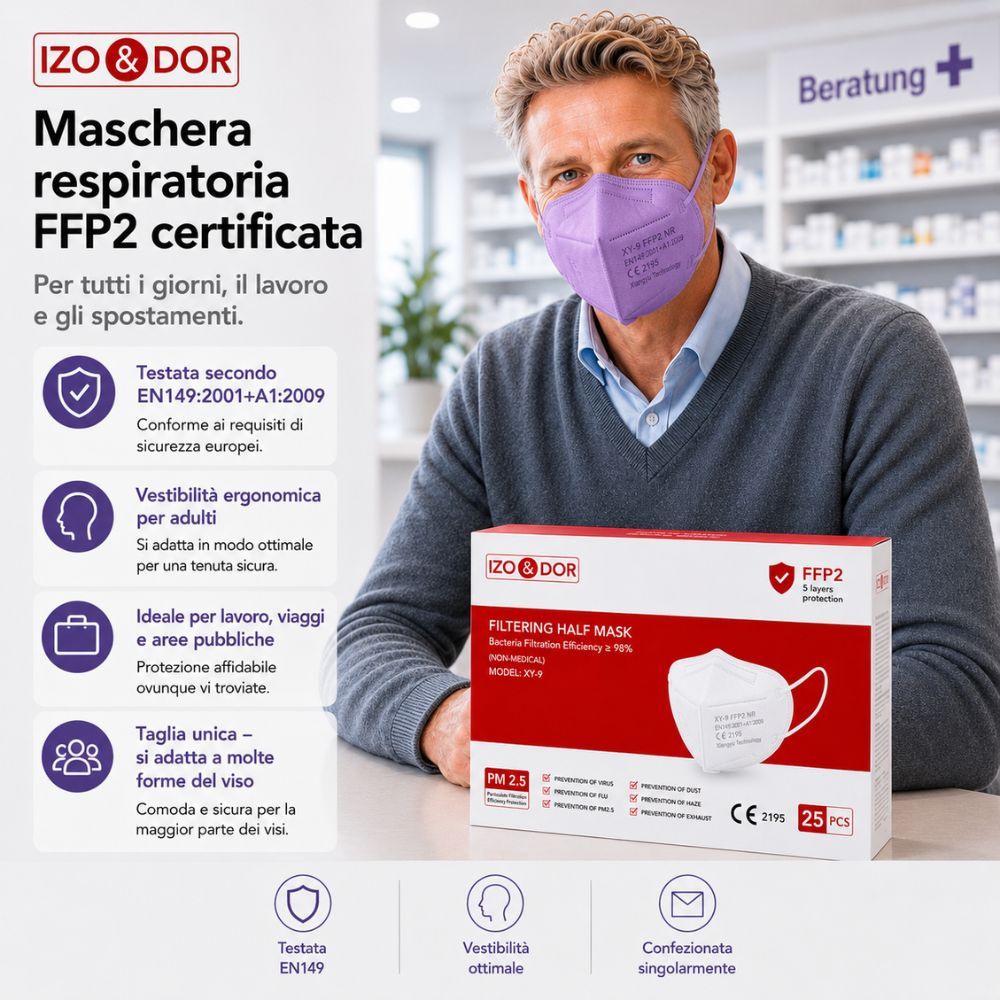 Uomo con mascherina FFP2 viola; confezione, certificazione CE, vestibilità ergonomica.
